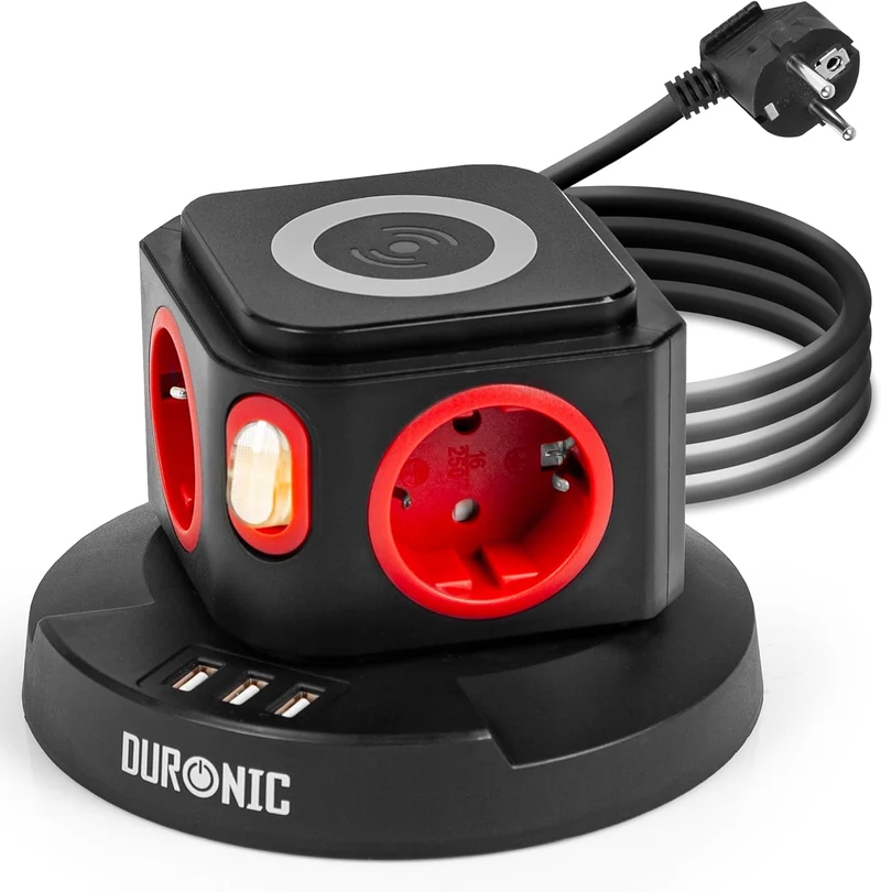 Duronic ET4W Tour Multiprise avec 3 ports USB et Recharge sans fil | 4 Prises 3680W 13A | Multiprise avec parasurtenseur protection contre les surtensions | Câble de 1,8 m