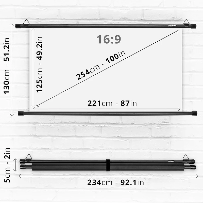 Duronic BPS100 16/9 Ecran de Projection TV et Home Cinema de 100 Pouces 254 cm | 221 x 125 cm | Fixation par Crochets | Barres lestées | Toile pour vidéoprojecteur | Gain +1 idéal pour 3D 8K 4K 1080P