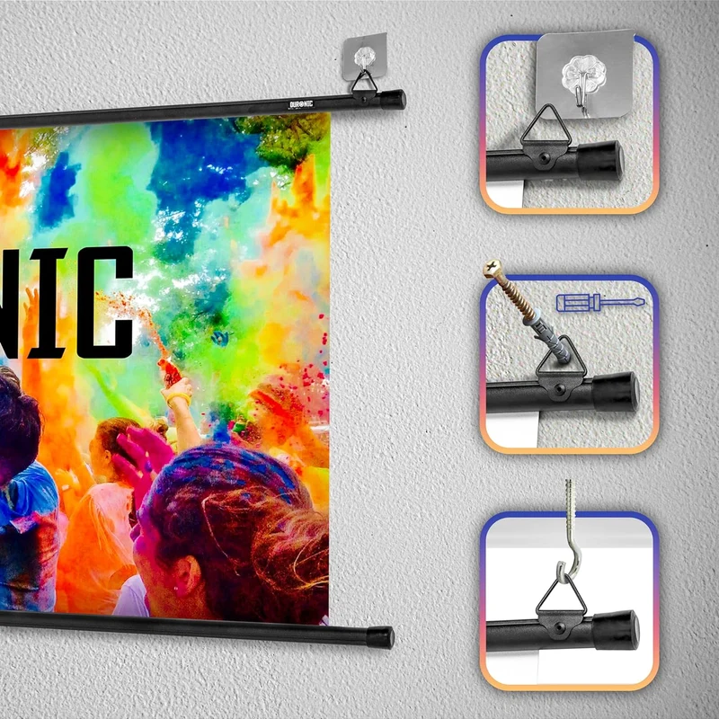 Duronic BPS100 16/9 Ecran de Projection TV et Home Cinema de 100 Pouces 254 cm | 221 x 125 cm | Fixation par Crochets | Barres lestées | Toile pour vidéoprojecteur | Gain +1 idéal pour 3D 8K 4K 1080P
