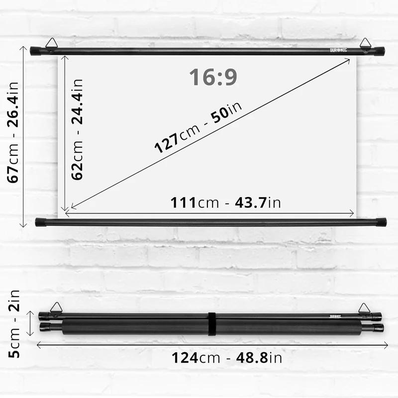 Duronic BPS50 16/9 Ecran de Projection TV et Home Cinema de 50 Pouces 127 cm | 111 x 62 cm | Fixation par Crochets | Barres lestées | Toile pour vidéoprojecteur | Gain +1 idéal pour 3D 8K 4K 1080P
