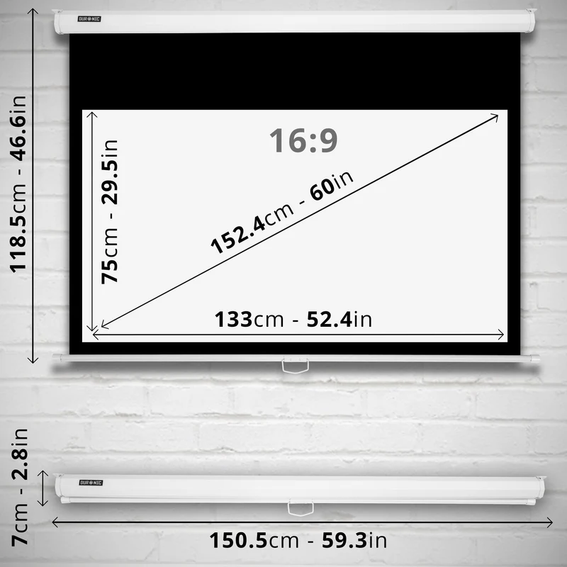 Duronic MPS60 16/9 WE Ecran de Projection TV et Home Cinema de 60 Pouces 152 cm ou 133 x 75 cm Fixation Mur ou Plafond Déroulement Manuel Gain +1 idéal pour 3D 8K 4K 1080P