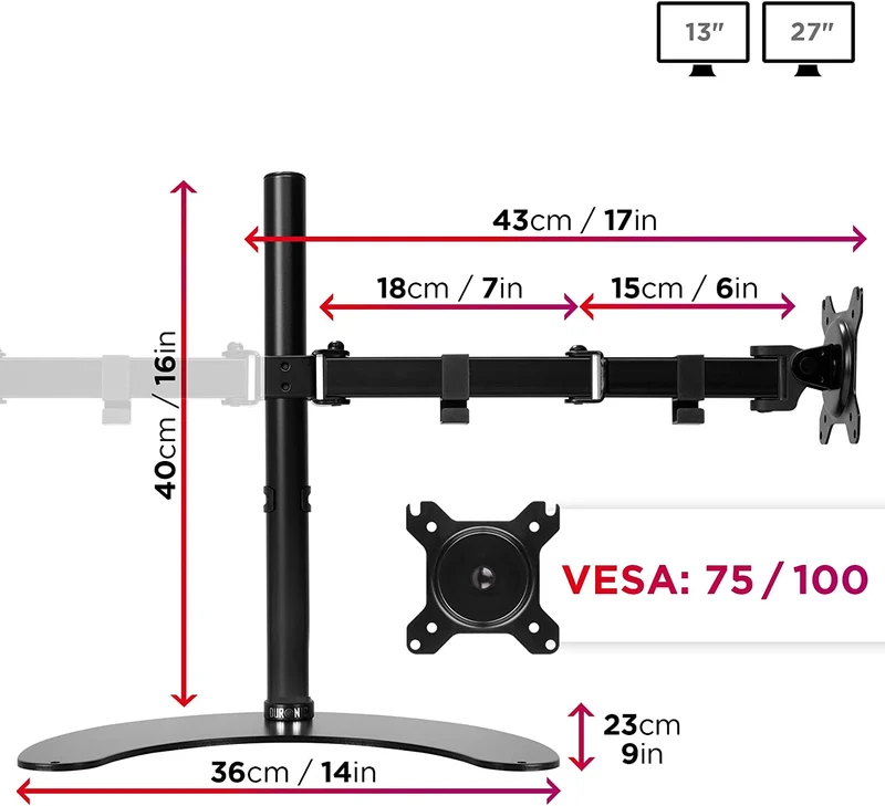 Duronic DM15D2 Support pour 2 écrans sur Socle | Pour Moniteurs de 13 à 27 Pouces | Réglage en Hauteur | Charge maximale de 8 kg par Ecran | VESA 75 100