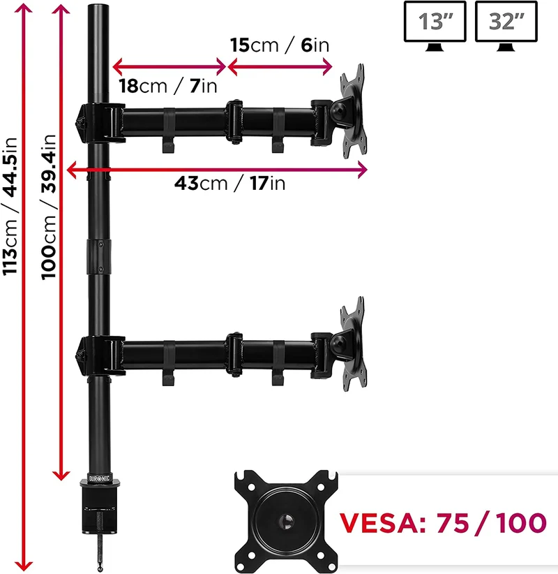 Duronic DMT252VX2 Bras pour Moniteurs d'Ordinateur | Support d'écrans PC double pour Bureau avec Potence de 100 cm | VESA 75 100 | Hauteur Ajustable | Rotatif Inclinable Pivotant avec 2 Extensions