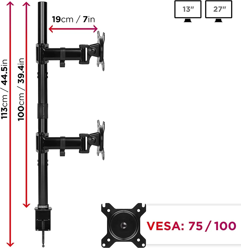 Duronic DMT252VX1 Bras pour Moniteurs d'Ordinateur | Support d'écrans PC double pour Bureau avec Potence de 100 cm | VESA 75 100 | Hauteur Ajustable | Rotatif Inclinable Pivotant avec Extension