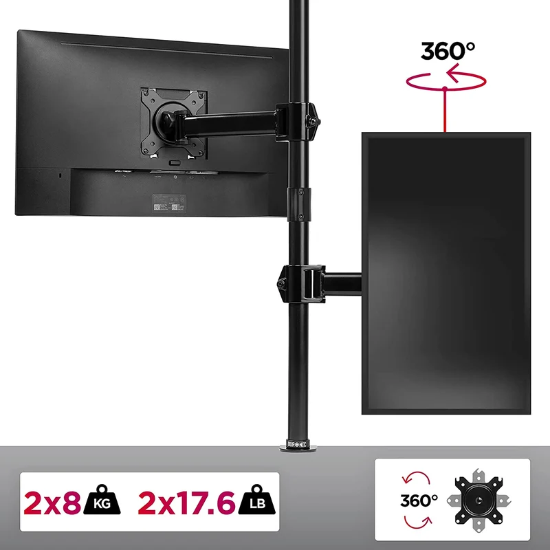 Duronic DMT252VX1 Bras pour Moniteurs d'Ordinateur | Support d'écrans PC double pour Bureau avec Potence de 100 cm | VESA 75 100 | Hauteur Ajustable | Rotatif Inclinable Pivotant avec Extension