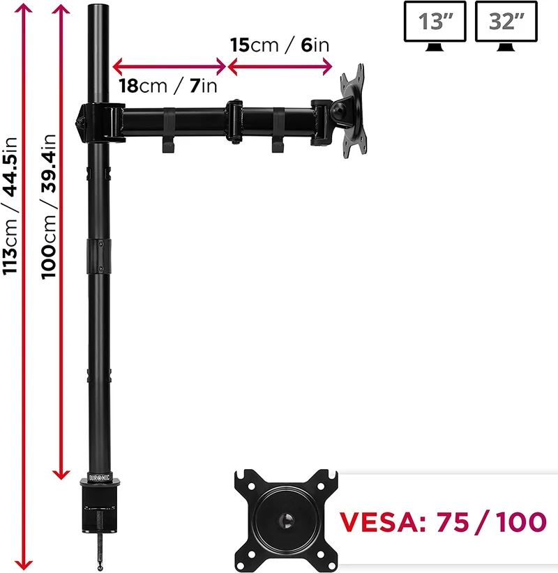 Duronic DMT251X3 Bras pour Moniteur d'Ordinateur | Support d'écran PC pour Bureau avec Potence de 100 cm | VESA 75 100 | Hauteur Ajustable | Rotatif Inclinable Pivotant avec 2 Extensions