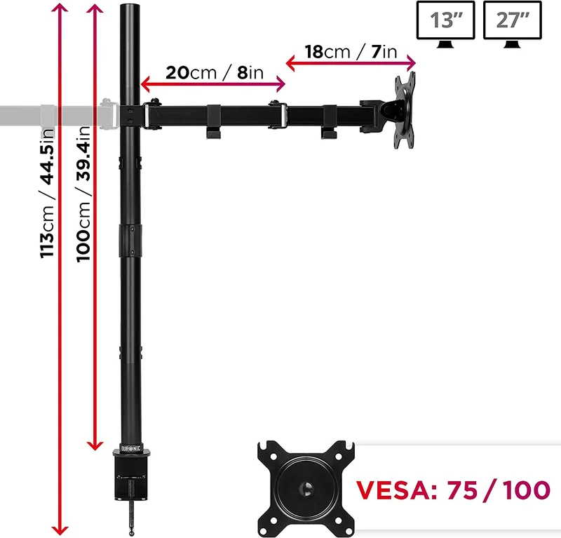 Duronic DMT152 Bras pour 2 Moniteurs d'Ordinateur | Support d'écrans PC articulé pour Bureau avec Potence de 100 cm | VESA 75 100 | Hauteur Ajustable | Rotatif Inclinable Pivotant