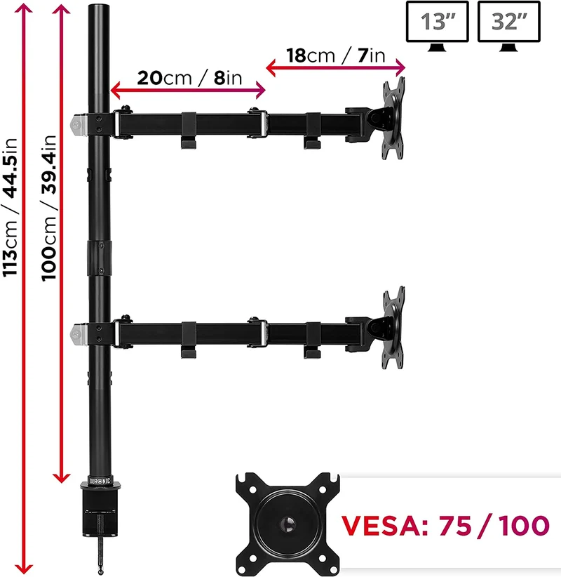 Duronic DMT152VX2 Bras pour Moniteurs d'Ordinateur | Support d'écrans PC double pour Bureau avec Potence de 100 cm | VESA 75 100 | Hauteur Ajustable | Rotatif Inclinable Pivotant avec 2 Extensions