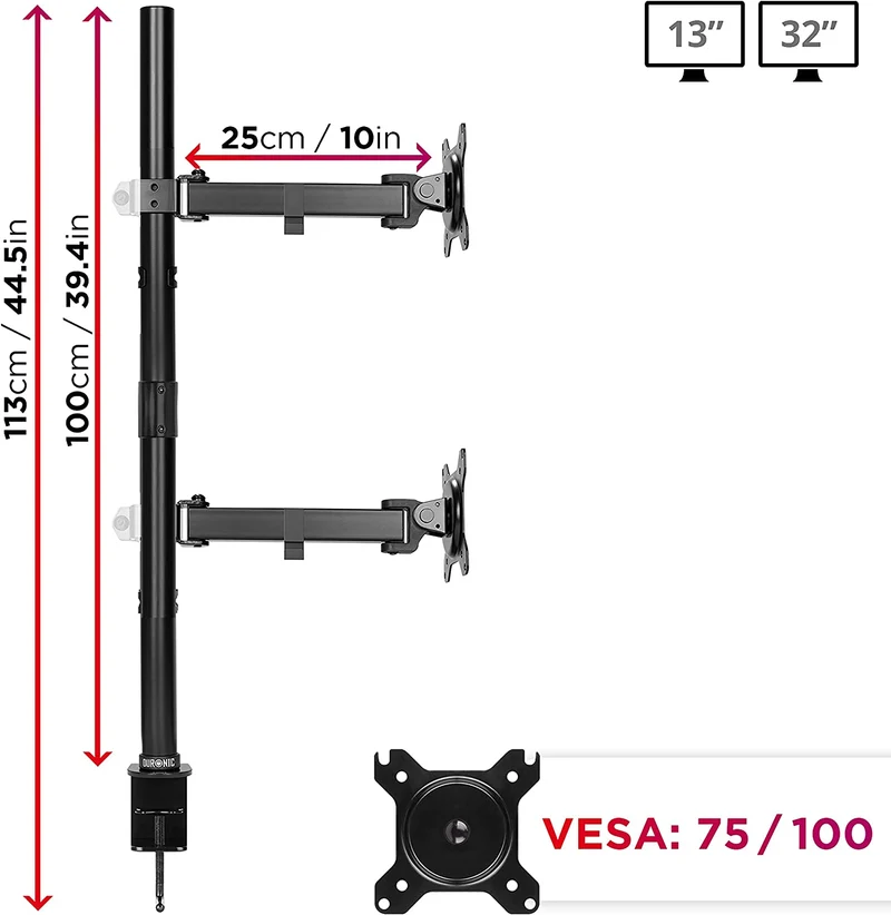 Duronic DMT152VX1 Bras pour Moniteurs d'Ordinateur | Support d'écrans PC double pour Bureau avec Potence de 100 cm | VESA 75 100 | Hauteur Ajustable | Rotatif Inclinable Pivotant avec Extension