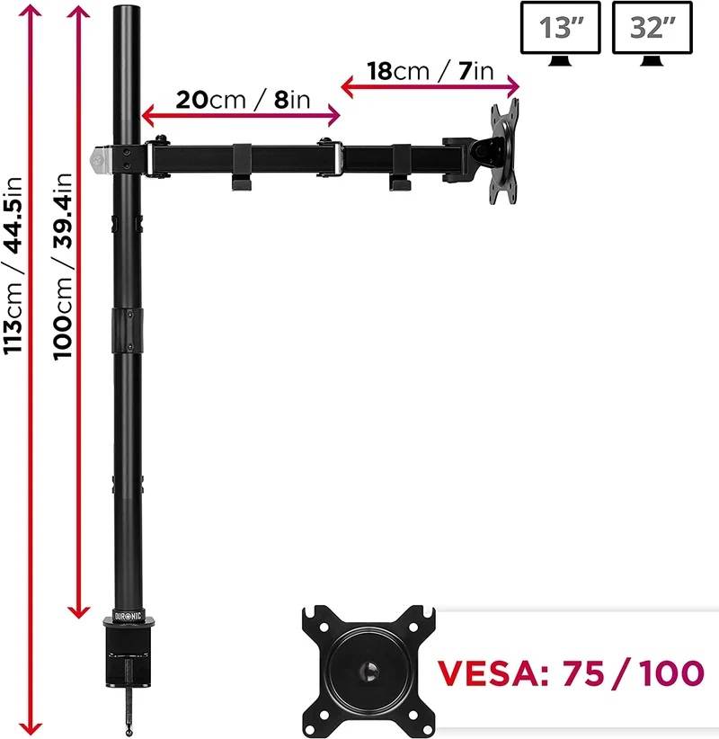 Duronic DMT151X3 Bras pour Moniteur d'Ordinateur | Support d'écran PC articulé pour Bureau avec Potence de 100 cm | VESA 75 100 | Hauteur Ajustable | Rotatif Inclinable Pivotant avec 2 Extensions