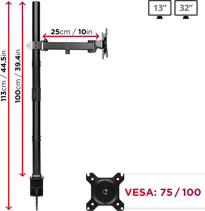 Duronic DMT151X2 Bras pour Moniteur d'Ordinateur | Support d'écran PC articulé pour Bureau avec Potence de 100 cm | VESA 75 100 | Hauteur Ajustable | Rotatif Inclinable Pivotant avec Extension