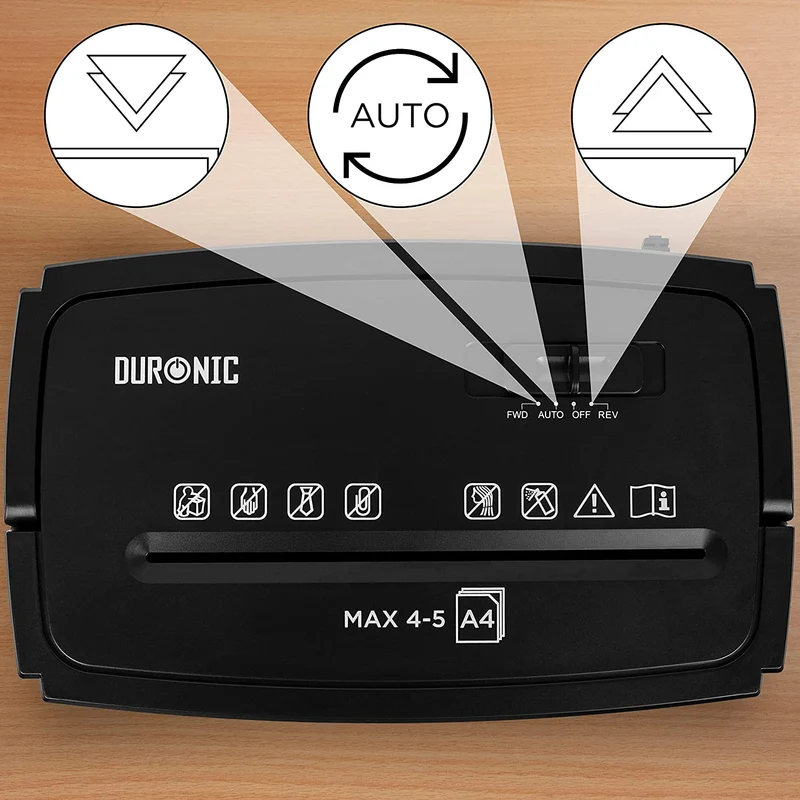 Duronic PS657 Destructeur de Documents 170W pour 5 Feuilles de Papier A4 | Coupe croisée | Réservoir de 15 L | Retour en arrière | Anti bourrage de Papier | En conformité avec le RGPD