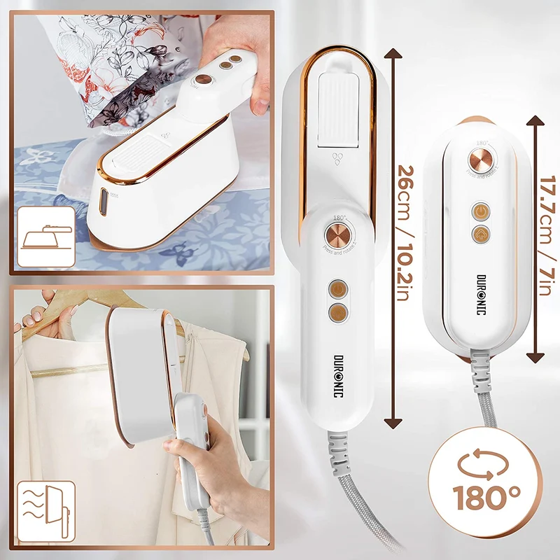 Duronic HS90 WE Fer à repasser de voyage Portable Utilisation horizontale et verticale 2 fonctions vapeur Poignée rétractable Compact et léger pour déplacements Sacoche base et cruche incluses