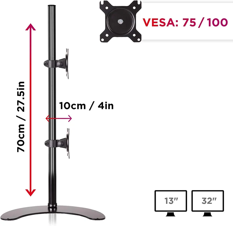 Duronic DM15D2V2 Bras pour 2 moniteurs d’ordinateur sur socle | Support double d’écran PC articulé ergonomique pour bureau | VESA 75 100 | Hauteur Ajustable | Rotatif Inclinable Pivotant | Universelle