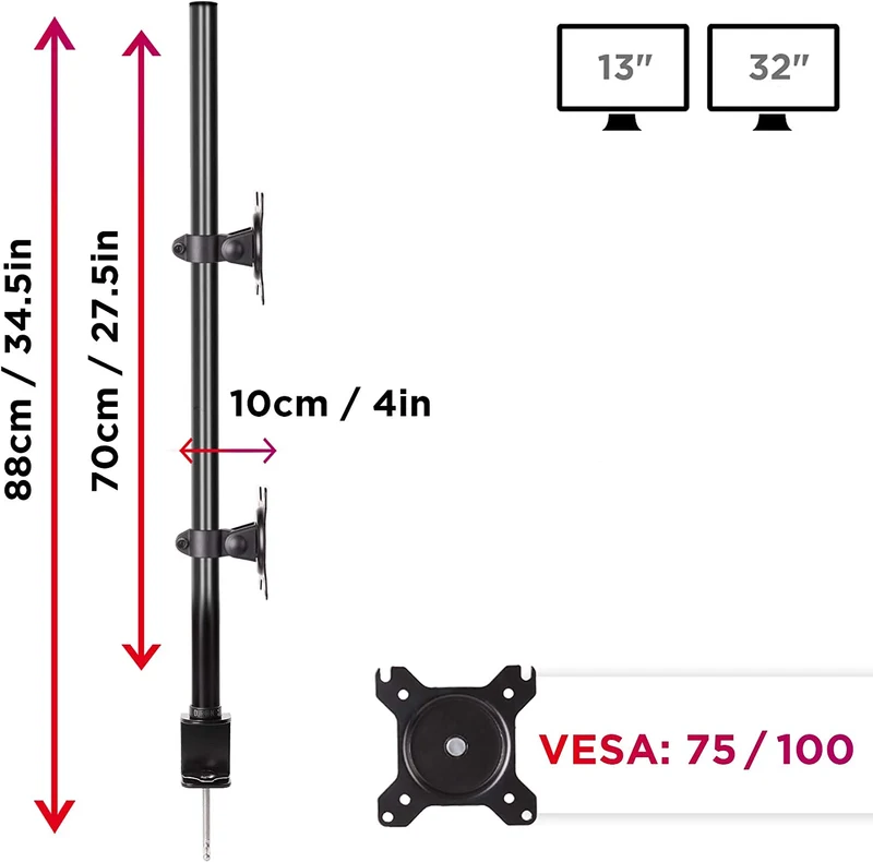 Duronic DM15V2 Bras pour 2 moniteurs d’ordinateur | Support double d’écran PC articulé ergonomique de bureau | VESA 75 100 | Hauteur Ajustable | Rotatif Inclinable Pivotant | Compatibilité universelle