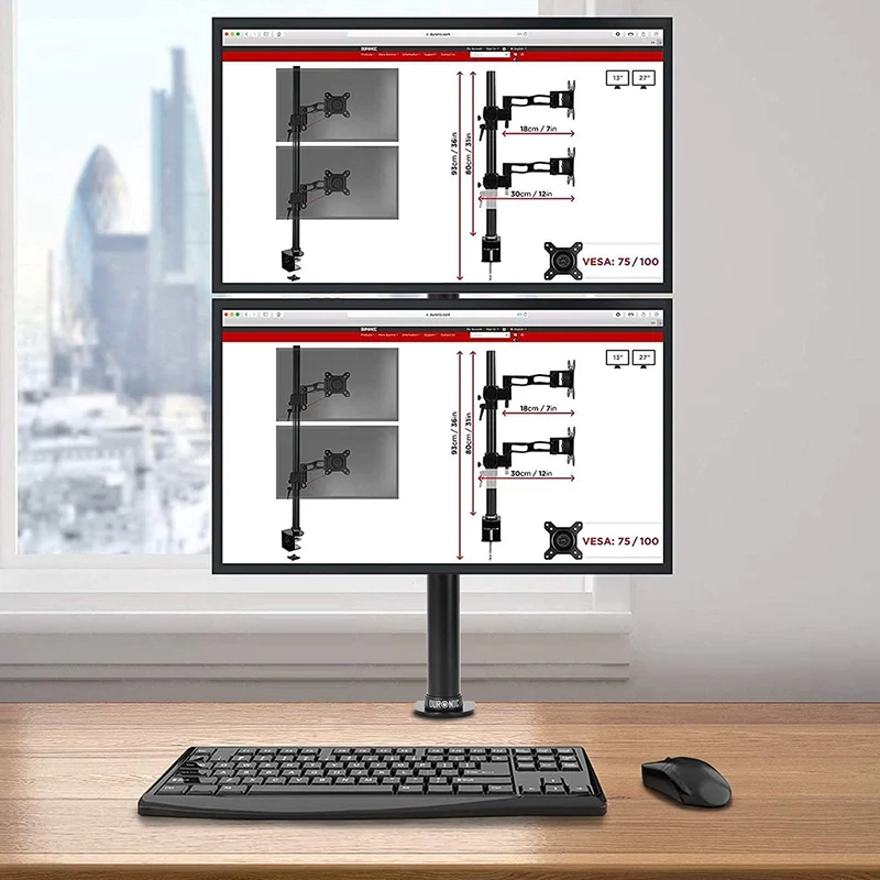 Duronic DM15V2 Bras pour 2 moniteurs d’ordinateur | Support double d’écran PC articulé ergonomique de bureau | VESA 75 100 | Hauteur Ajustable | Rotatif Inclinable Pivotant | Compatibilité universelle