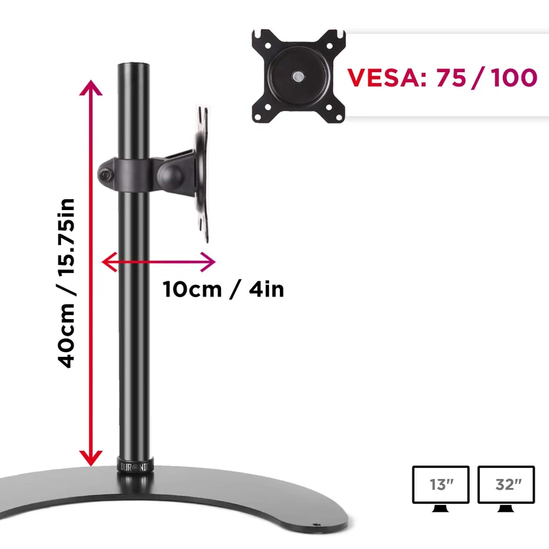 Duronic DM15D1 Support d'Ecran sur Socle pour Bureau – Hauteur Ajustable – Rotatif, Inclinable, Pivotable – Compatibilité VESA 75/100 – Acier – Socle Inclus