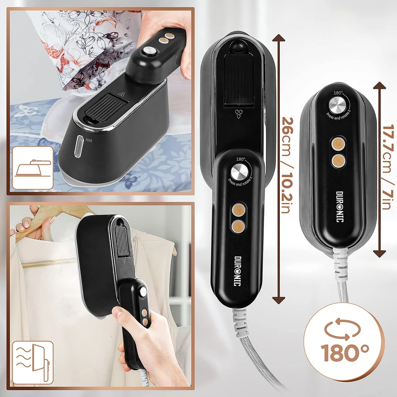 Duronic HS90 BK Fer à repasser de voyage Portable Utilisation horizontale et verticale 2 fonctions vapeur Poignée rétractable Compact et léger pour déplacements Sacoche base et cruche incluses
