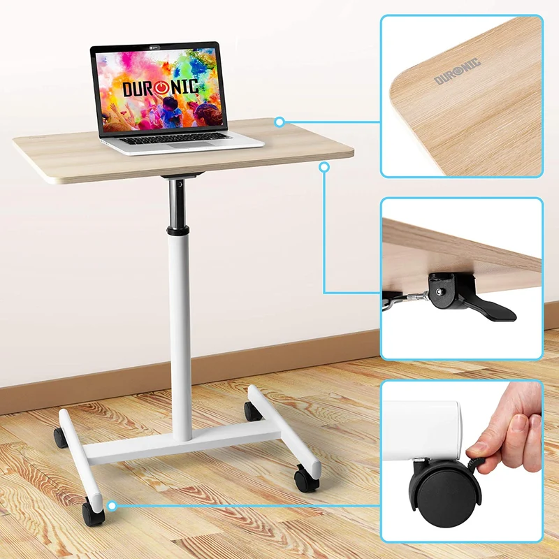 Duronic WPS67 Table de travail mobile assis-debout | Support à roulettes | Blanc – brun | Grande surface 70 x 48 cm pour PC ou vidéo projecteur | Hauteur ajustable 70,5 – 110 cm | Capacité 10 kg