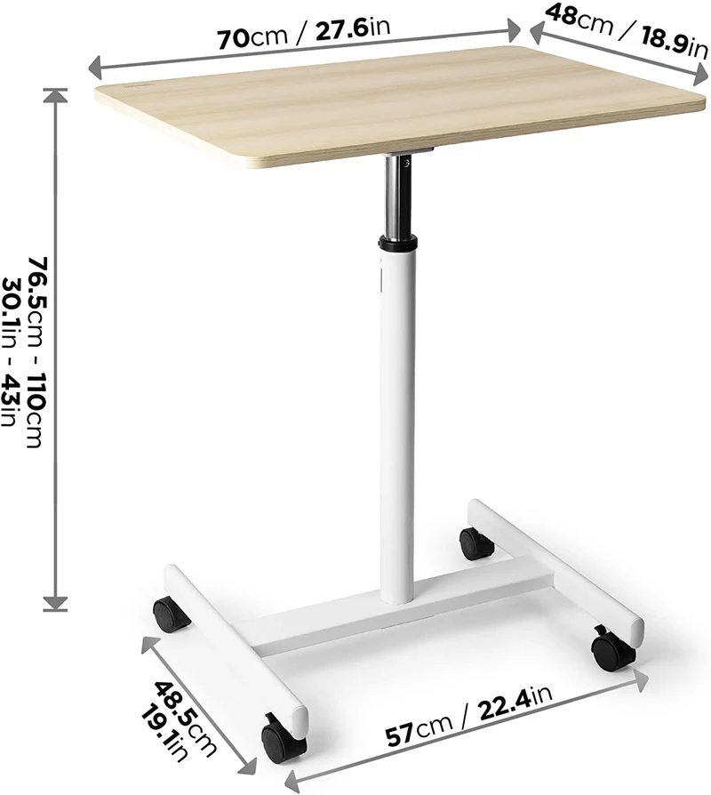 Duronic WPS67 Table de travail mobile assis-debout | Support à roulettes | Blanc – brun | Grande surface 70 x 48 cm pour PC ou vidéo projecteur | Hauteur ajustable 70,5 – 110 cm | Capacité 10 kg