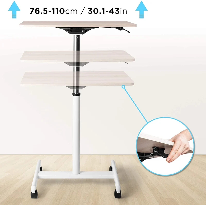 Duronic WPS67 Table de travail mobile assis-debout | Support à roulettes | Blanc – brun | Grande surface 70 x 48 cm pour PC ou vidéo projecteur | Hauteur ajustable 70,5 – 110 cm | Capacité 10 kg