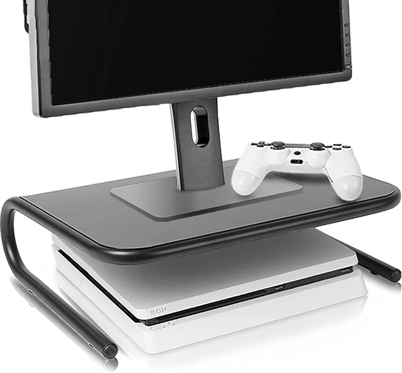 Duronic DM071 Rehausseur d’écran en métal noir | Hauteur de 11 cm | Capacité de 10kg | Espace de rangement sous le support pour clavier et souris | Pour moniteurs, écrans TV, PC, écrans d’ordinateurs