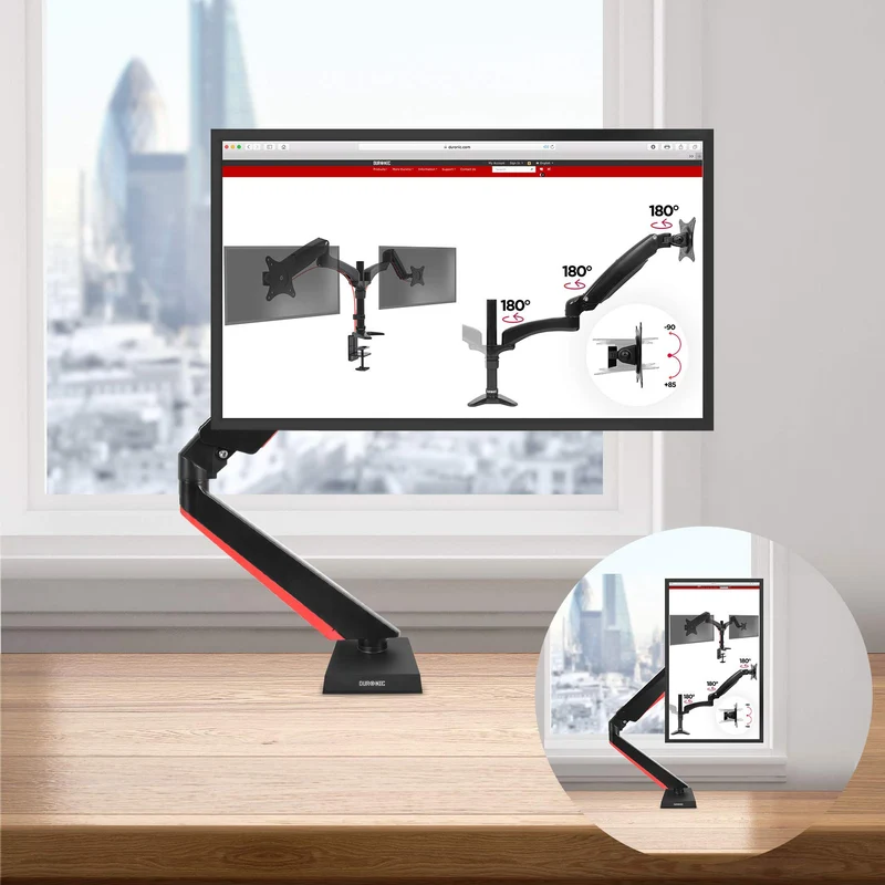Duronic DMGM5X1 Support de moniteur | 1 écran entre 15 et 32 pouces | Lumière d'ambiance LED rouge | Hauteur ajustable | VESA 75/100 | 8 kg | Bras à gaz | Flexibilité de pivot, rotation et inclinaison