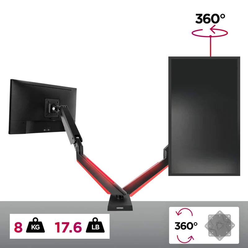 Duronic DMGM5X1 Support de moniteur | 1 écran entre 15 et 32 pouces | Lumière d'ambiance LED rouge | Hauteur ajustable | VESA 75/100 | 8 kg | Bras à gaz | Flexibilité de pivot, rotation et inclinaison