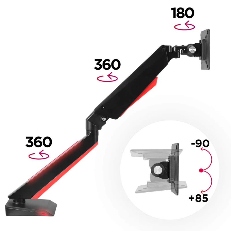 Duronic DMGM5X1 Support de moniteur | 1 écran entre 15 et 32 pouces | Lumière d'ambiance LED rouge | Hauteur ajustable | VESA 75/100 | 8 kg | Bras à gaz | Flexibilité de pivot, rotation et inclinaison