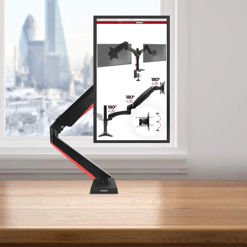 Duronic DMGM5X1 Support de moniteur | 1 écran entre 15 et 32 pouces | Lumière d'ambiance LED rouge | Hauteur ajustable | VESA 75/100 | 8 kg | Bras à gaz | Flexibilité de pivot, rotation et inclinaison