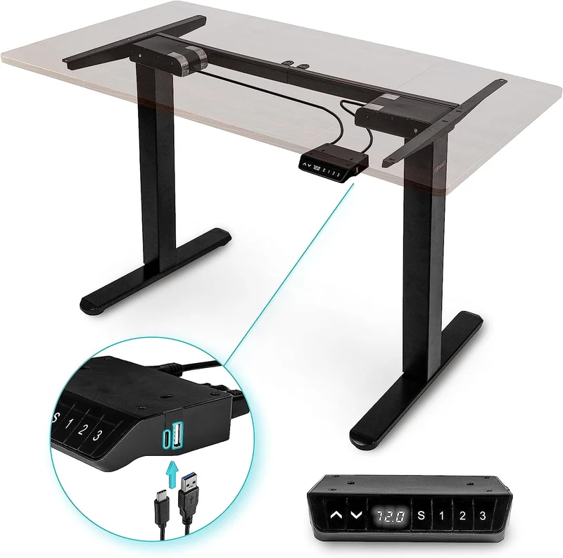 Duronic TM61 BK Structure de Bureau Assis-Debout électrique | Hauteur Ajustable de 72 à 120 cm | Charge maximale de 80 kg | Plateau de 120 140 ou 160 cm Vendu séparément | Ports USB et USB-C