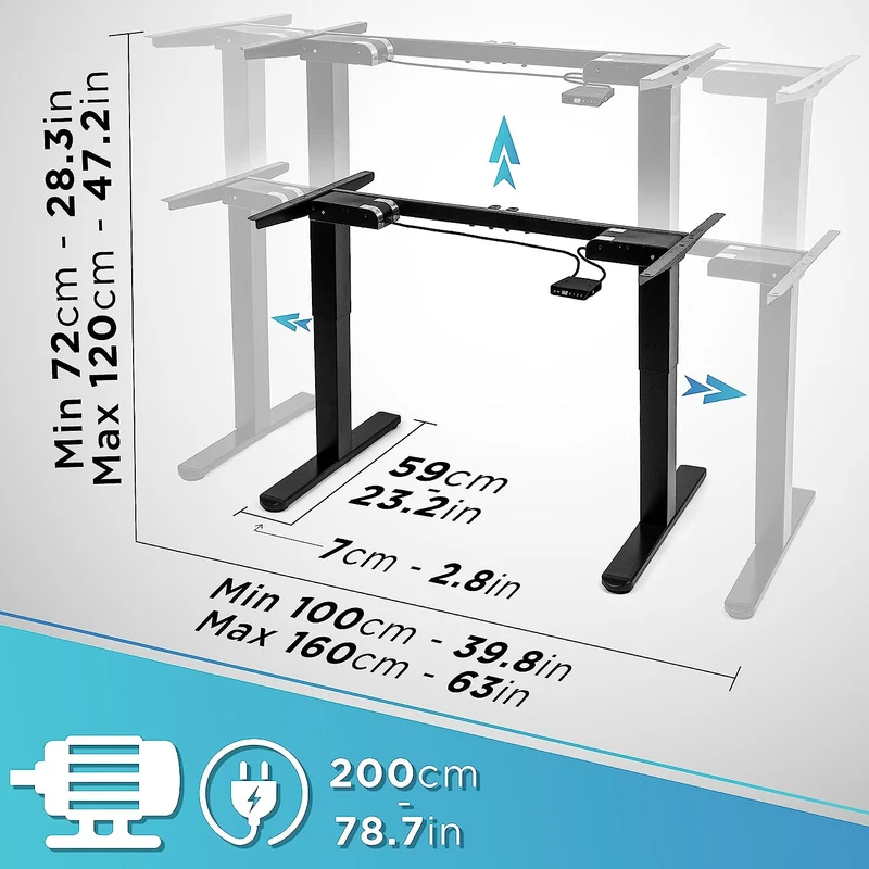 Duronic TM61 BK Structure de Bureau Assis-Debout électrique | Hauteur Ajustable de 72 à 120 cm | Charge maximale de 80 kg | Plateau de 120 140 ou 160 cm Vendu séparément | Ports USB et USB-C