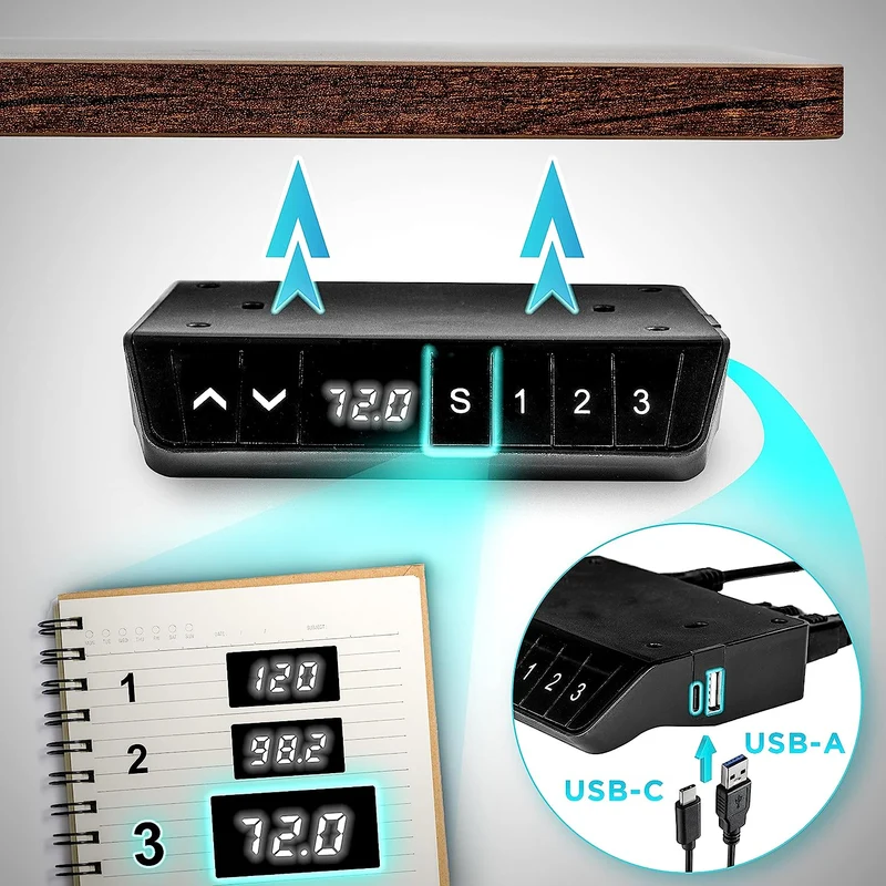 Duronic TM61 BK Structure de Bureau Assis-Debout électrique | Hauteur Ajustable de 72 à 120 cm | Charge maximale de 80 kg | Plateau de 120 140 ou 160 cm Vendu séparément | Ports USB et USB-C