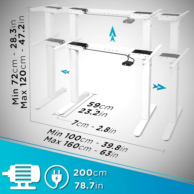 Duronic TM61 WE Structure de Bureau Assis-Debout électrique | Hauteur Ajustable de 72 à 120 cm | Charge maximale de 80 kg | Plateau de 120 140 ou 160 cm vendu séparément | Ports USB et USB-C