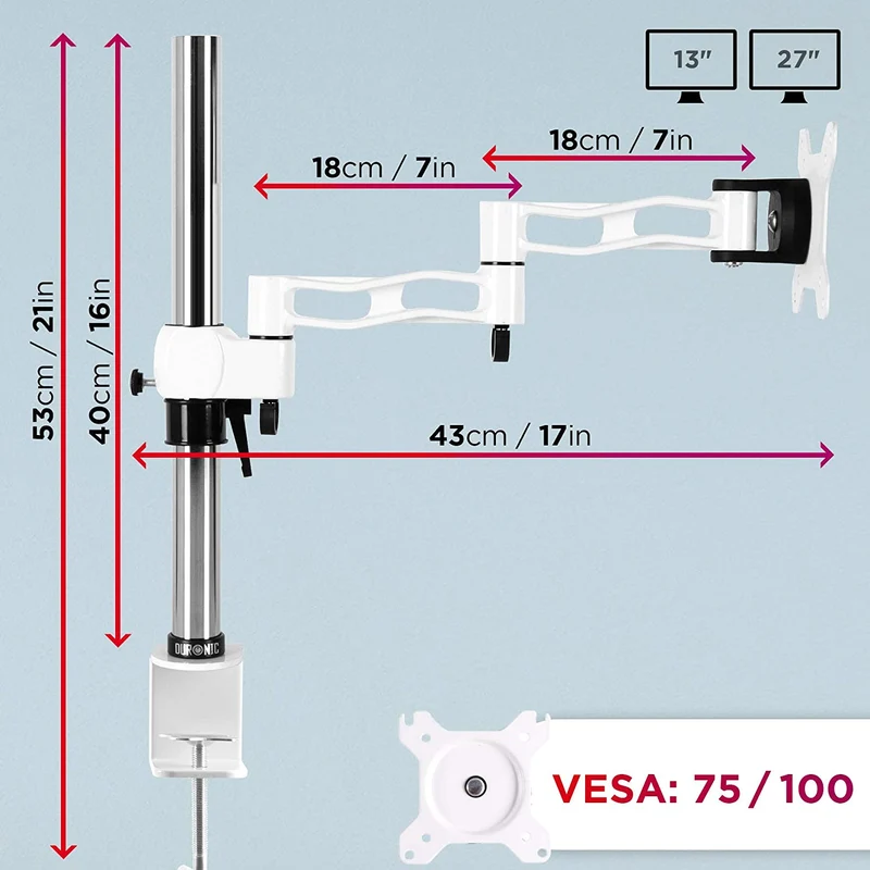 Duronic DM351X3 WE Support d'écran à pince pour bureau blanc – Hauteur ajustable – Rotatif / Inclinable / Pivotable – Compatible avec moniteur d’ordinateur LCD / LED VESA 75 / 100 – 2 extensions