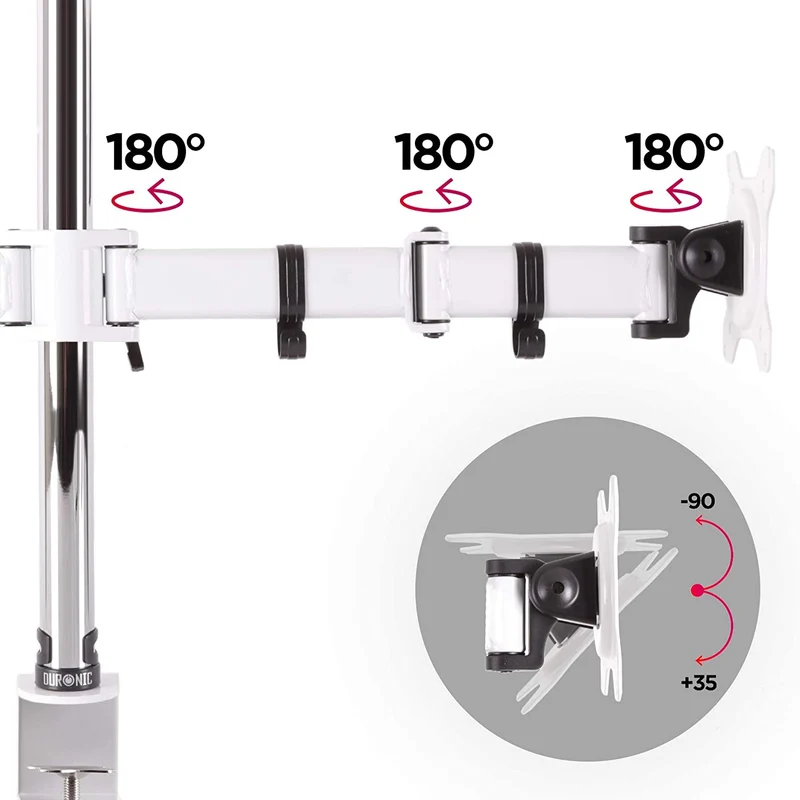 Duronic DM252 WE Support de 2 moniteurs à pince pour bureau - Hauteur ajustable -Rotatif / Pivotable / Inclinable-Compatible avec moniteur d’ordinateur LCD / LED VESA 75 / 100-Potence et bras en acier
