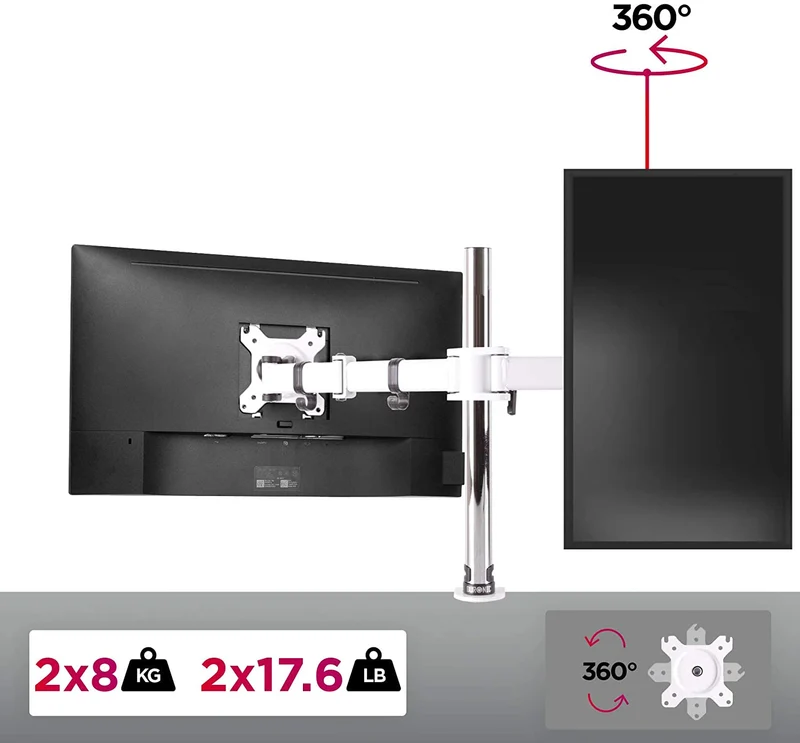 Duronic DM252 WE Support de 2 moniteurs à pince pour bureau - Hauteur ajustable -Rotatif / Pivotable / Inclinable-Compatible avec moniteur d’ordinateur LCD / LED VESA 75 / 100-Potence et bras en acier