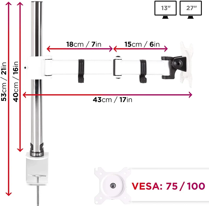 Duronic DM251X3 WE Support d’écran à pince pour bureau - Hauteur ajustable - Rotatif / Inclinable / Pivotable-Compatibilité universelle avec moniteur d’ordinateur LCD / LED VESA 75 / 100 -2 extensions