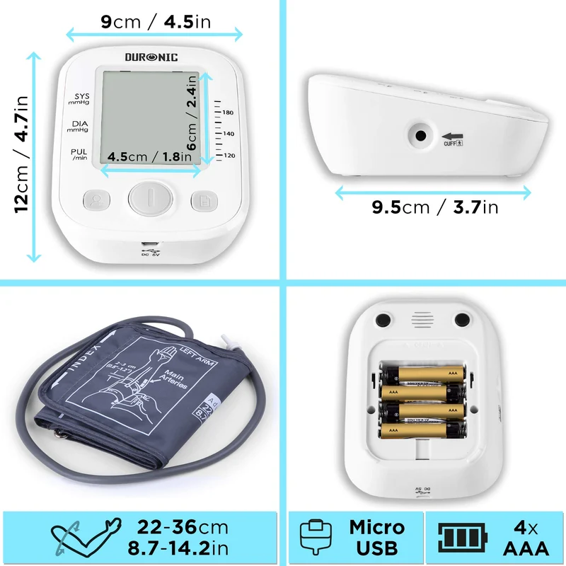 Duronic BPM200 Tensiomètre Electronique pour Bras Mesure Automatique de la Tension Artérielle Détecte les Irrégularités Cardiaques Large Ecran LCD pour lire les Mesures Jusqu'à 99 Sauvegardes