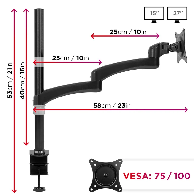 Duronic DM451X3 Support d'écran PC à Pince pour Bureau | Passe câble Inclus | Hauteur Ajustable | Rotatif/Inclinable/Pivotable | Compatibilité avec Moniteur VESA 75/100 | Aluminium | 2 Extensions