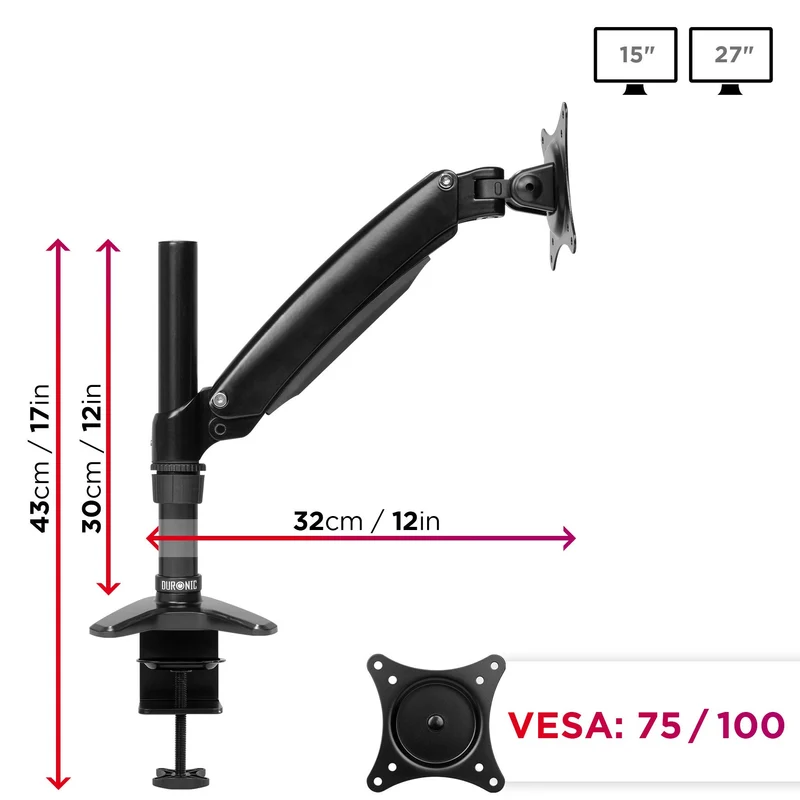 Duronic DM551X1 Support d'écran PC à Pince pour Bureau | Mécanisme à Ressort | Ajustements à la volée | Hauteur Ajustable | Compatibilité avec Moniteur VESA 75/100 | Potence et Bras en Aluminium