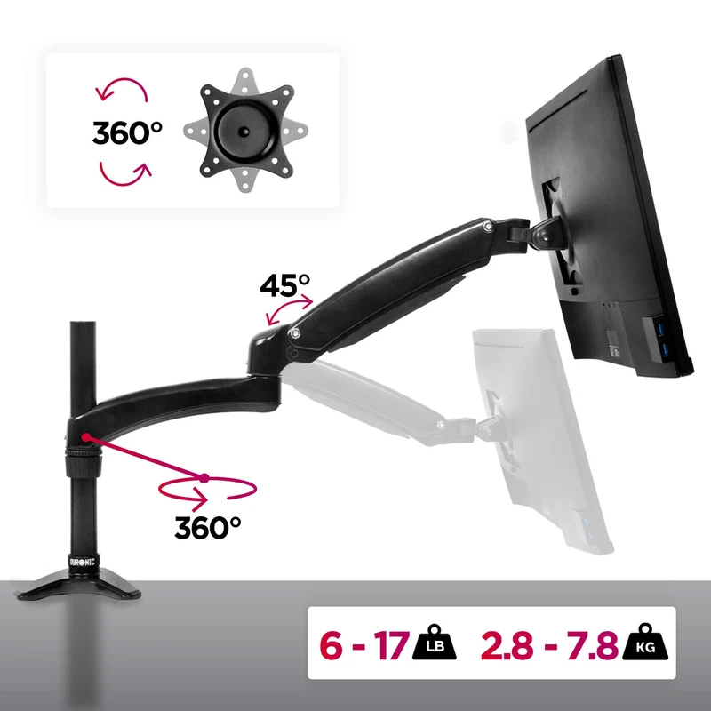 Duronic DM551X2 Support d'écran PC à Pince pour Bureau | Mécanisme à Ressort | Ajustements à la volée | Hauteur Ajustable | Compatibilité avec Moniteur VESA 75/100 | en Aluminium | 1 Extension