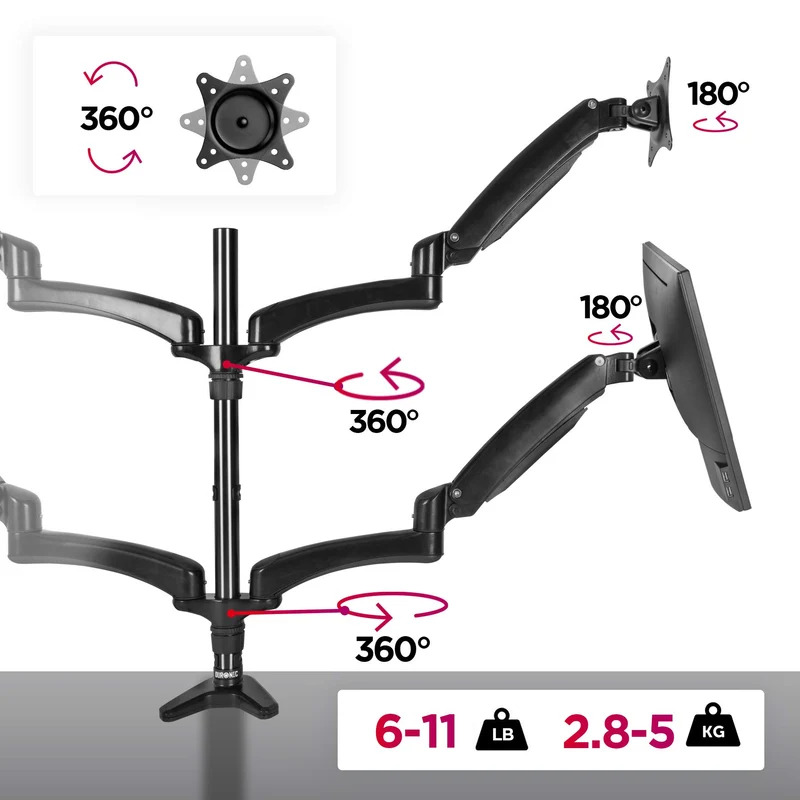 Duronic DM554 Support pour 4 Ecrans à Pince pour Bureau – Mécanisme à Ressort – Ajustement à la volée – Hauteur Ajustable – Compatibilité VESA 75/100 – Potence et Bras en Aluminium – Inclinaison -90°/+85°