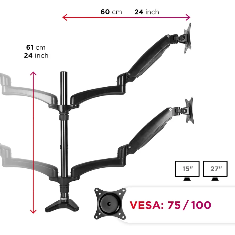 Duronic DM554 Support pour 4 Ecrans à Pince pour Bureau – Mécanisme à Ressort – Ajustement à la volée – Hauteur Ajustable – Compatibilité VESA 75/100 – Potence et Bras en Aluminium – Inclinaison -90°/+85°