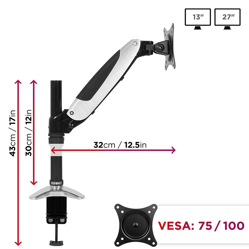 Duronic DM651X1 Support d'écran à pince pour bureau | Mécanisme à gaz | Ajustement à la volée | Hauteur ajustable | Compatibilité avec moniteurs VESA 75/100 | Passe câble inclus | Revêtement en chrome