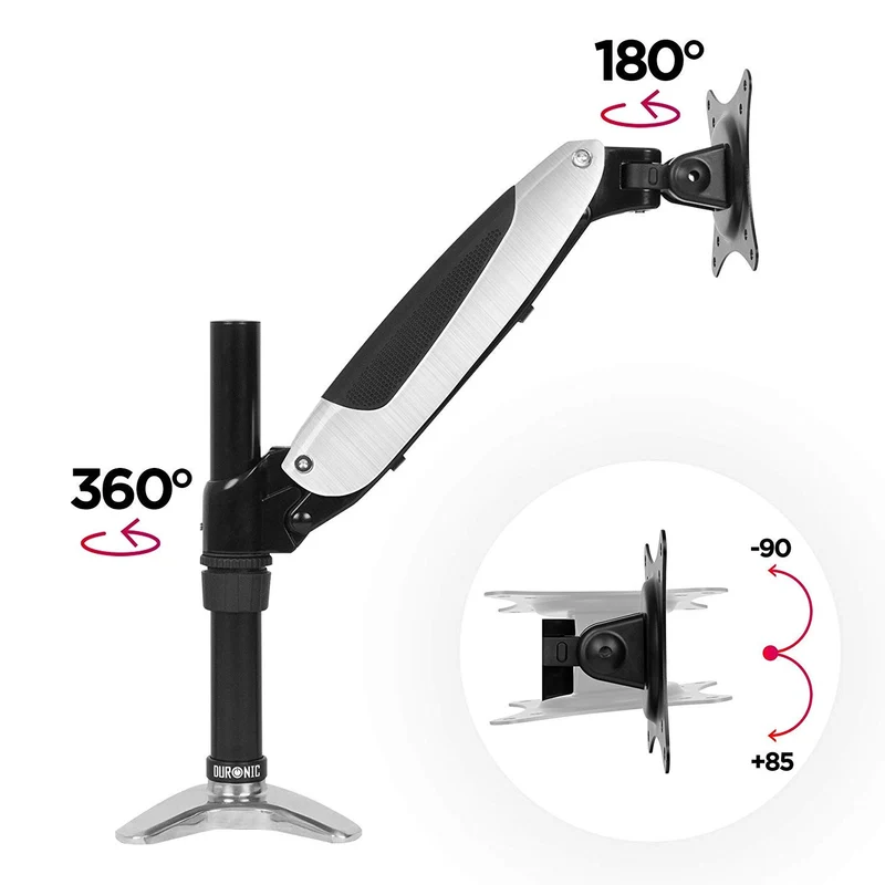 Duronic DM651X1 Support d'écran à pince pour bureau | Mécanisme à gaz | Ajustement à la volée | Hauteur ajustable | Compatibilité avec moniteurs VESA 75/100 | Passe câble inclus | Revêtement en chrome