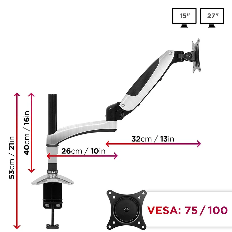 Duronic DM651X2 Support d'écran PC à Pince pour Bureau | Mécanisme à gaz | Ajustement à la volée | Hauteur Ajustable | Compatibilité avec moniteurs VESA 75/100 | 1 Extension | Revêtement en Chrome