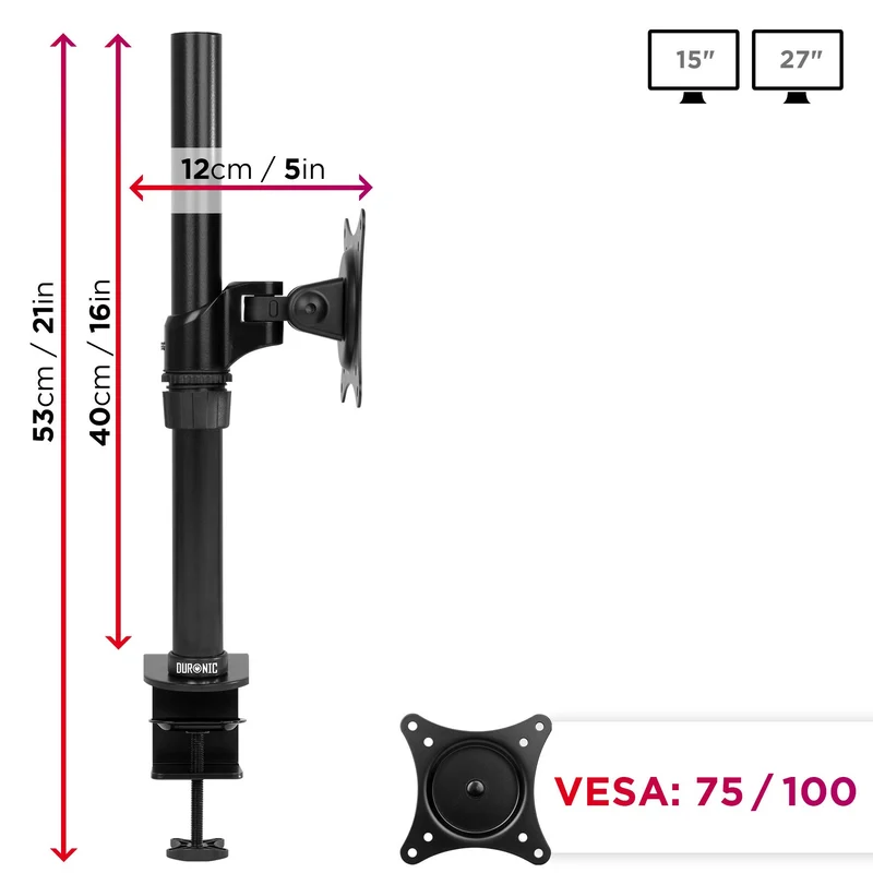 Duronic DM451X1 Support d'écran PC à Pince pour Bureau | Gestion des câbles intégrés au Bras | Rotatif/Inclinable/Pivotable | Compatibilité Universelle avec Moniteur VESA 75/100 | Aluminium