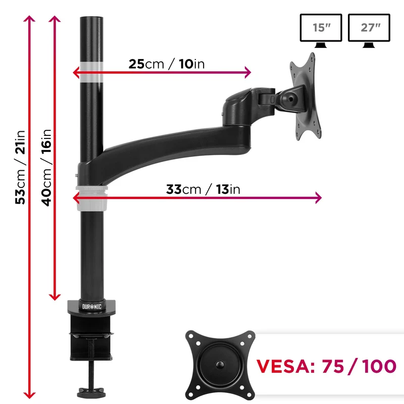 Duronic DM451X2 Support écran PC à pince pour bureau | Passe câble inclus | Hauteur ajustable | Rotatif / Inclinable / Pivotable | Compatibilité universelle avec moniteur VESA 75/100 | Aluminium