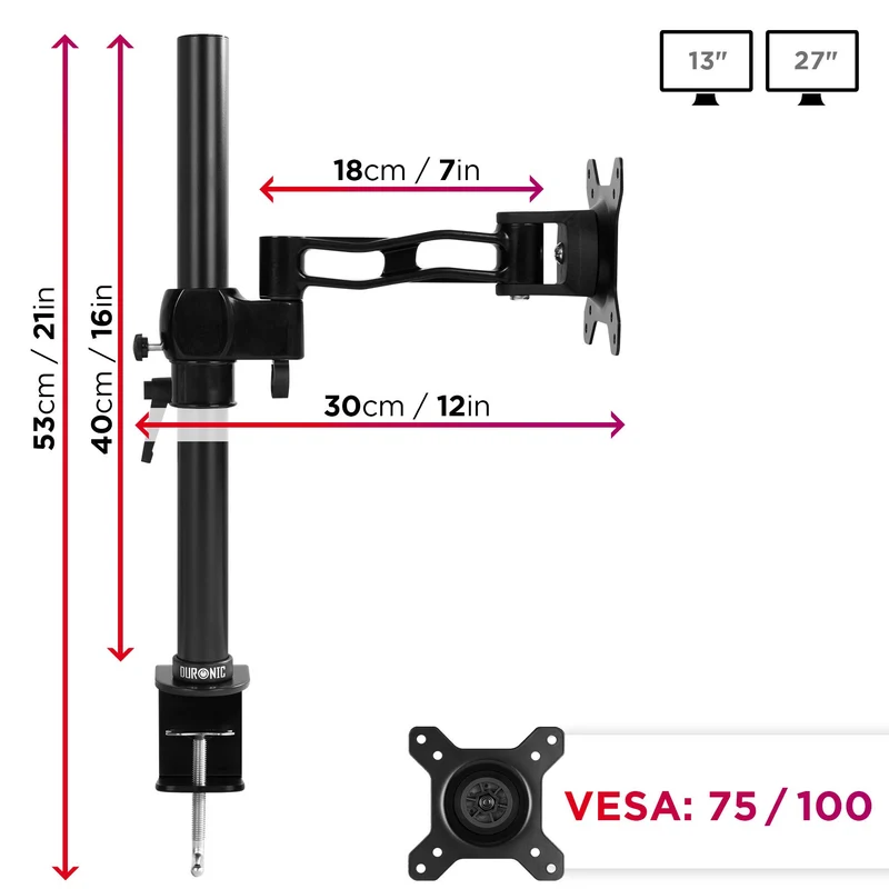 Duronic DM351X2 Support écran PC à Pince pour Bureau | Hauteur Ajustable | Rotatif/Inclinable/Pivotable | Compatibilité Universelle avec Moniteur VESA 75/100 | 1 Extension | Aluminium
